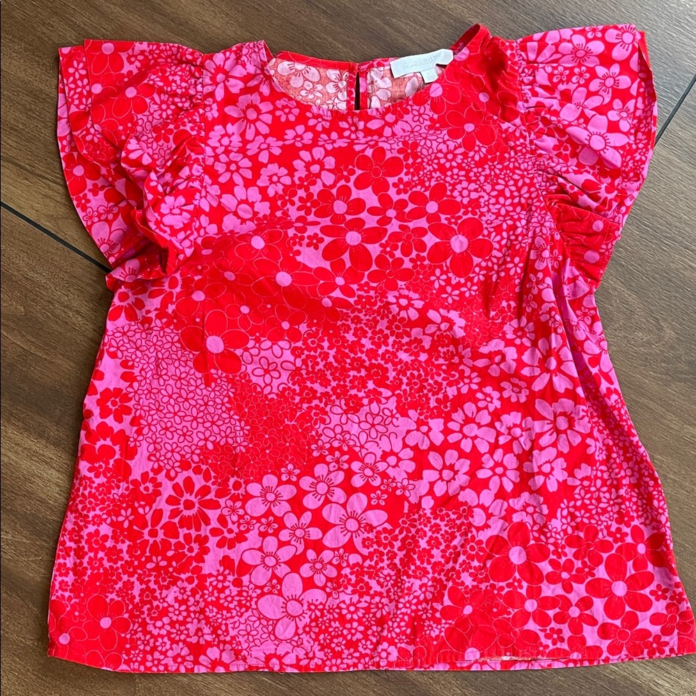 Sugarlips Addie floral Elley ruffle sleeve Red & Pink women’s cotton Blouse, L